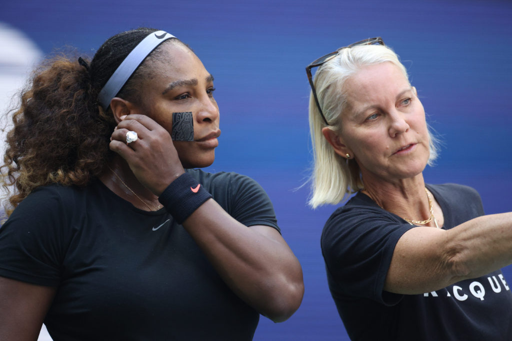 NEW YORK, USA, August 27.  Serena Williams of the United States with coach Rennae Stubbs during practice session on Arthur Ashe Stadium in preparat...