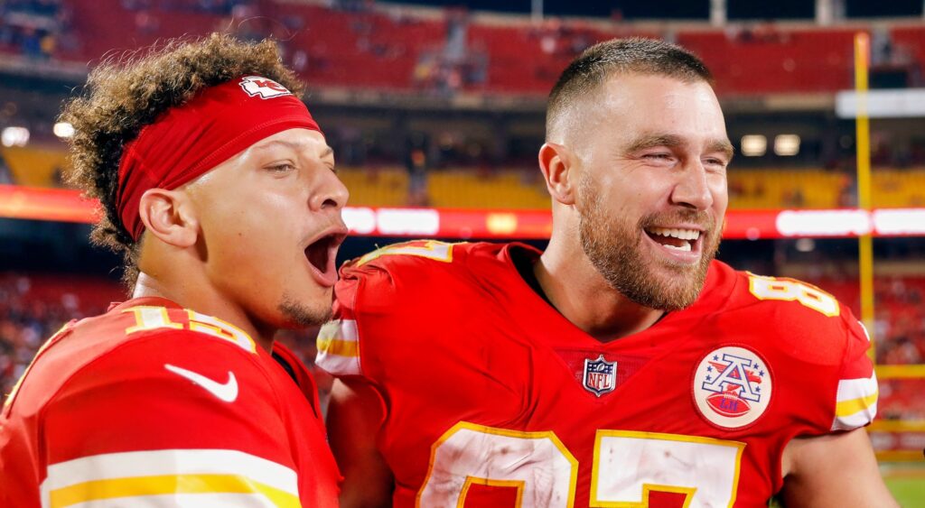 Patrick Mahomes and Travis Kelce celebrating after game.