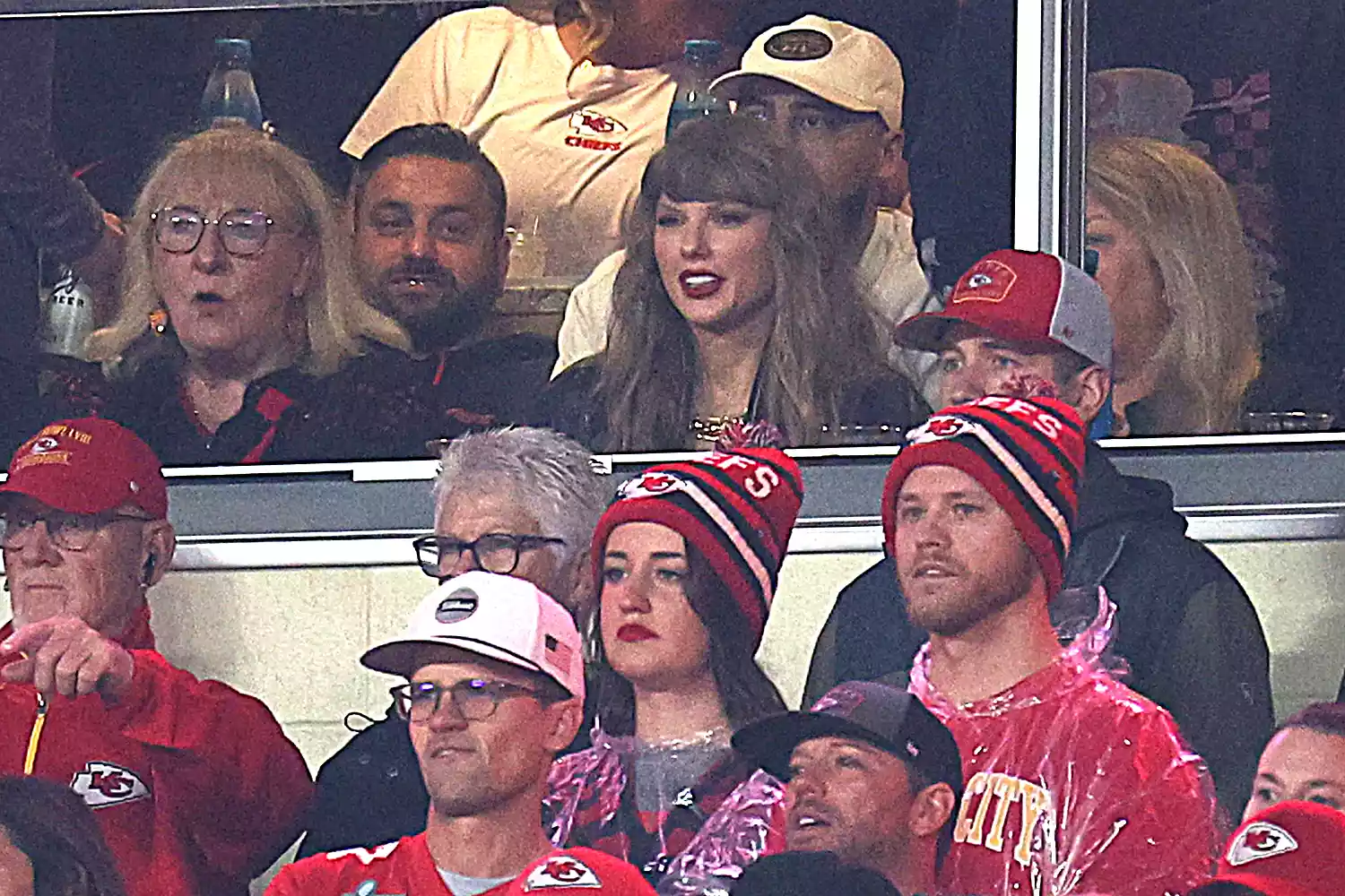 Donna Kelce and Taylor Swift react during the first quarter of the game between the Kansas City Chiefs and the Tampa Bay Buccaneers at GEHA Field at Arrowhead Stadium on November 04, 2024 in Kansas City, Missouri.