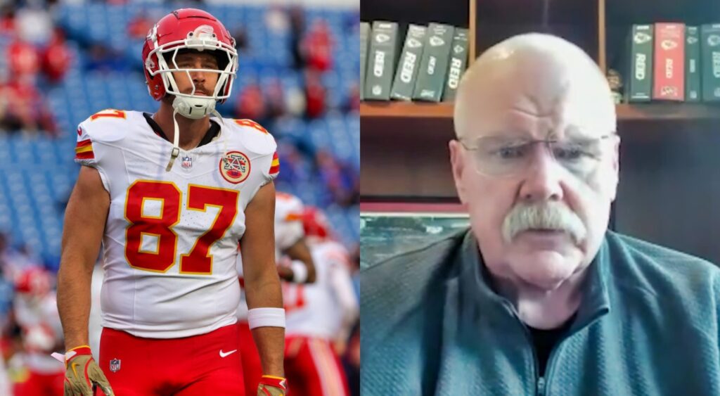 Travis Kelce in uniform and Andy Reid during interview