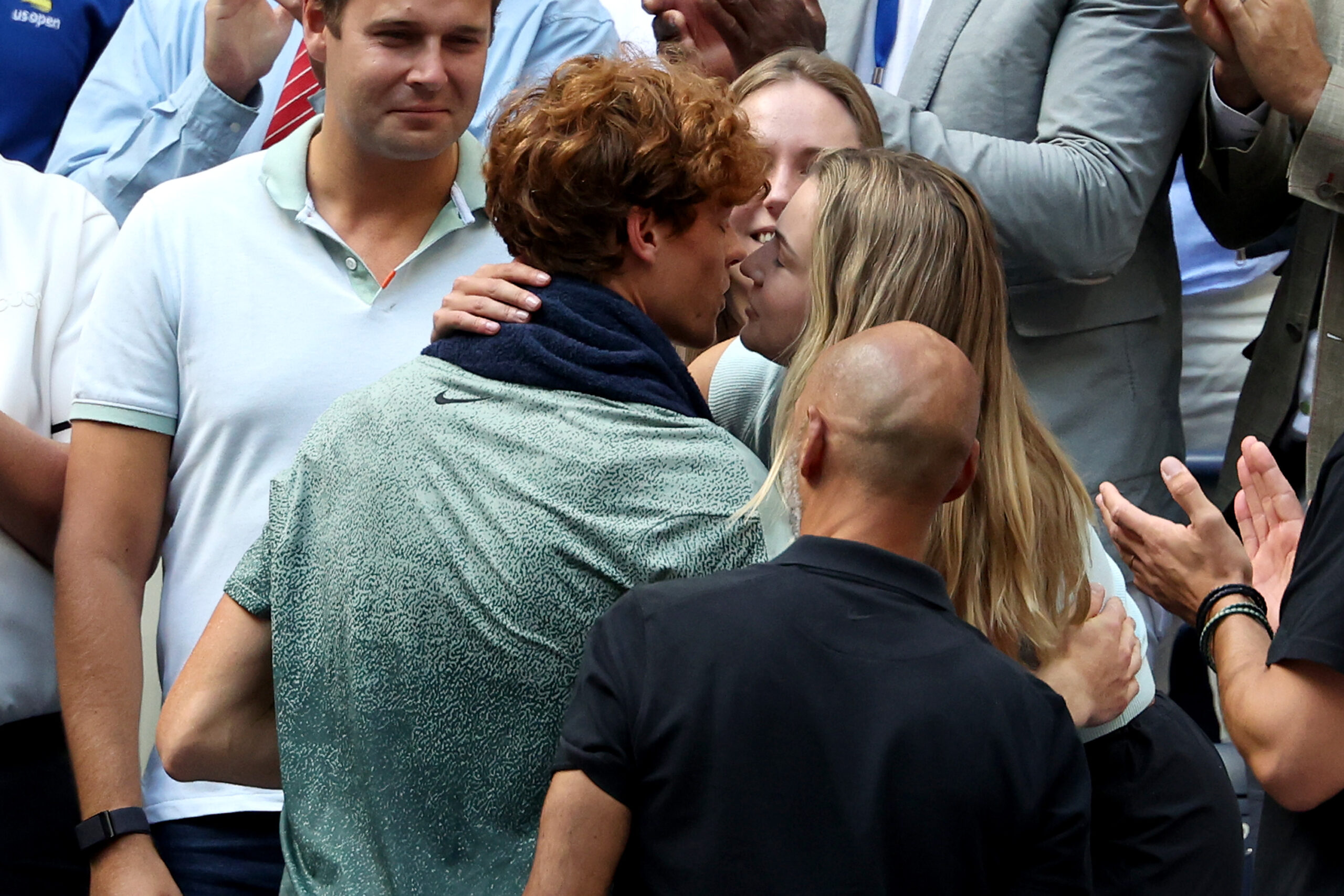 Jannik Sinner of Italy celebrating with his girlfriend Anna Kalinskaya after winning the Men's Singles Final at the 2024 US Open in New York