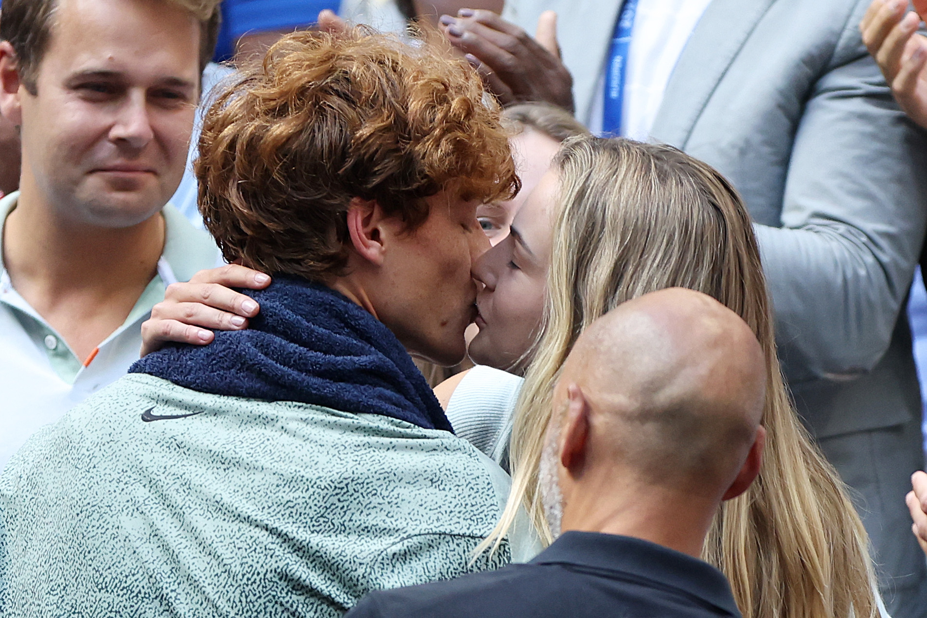 Jannik Sinner of Italy celebrating with his girlfriend Anna Kalinskaya after winning the Men's Singles Final at the 2024 US Open in New York City