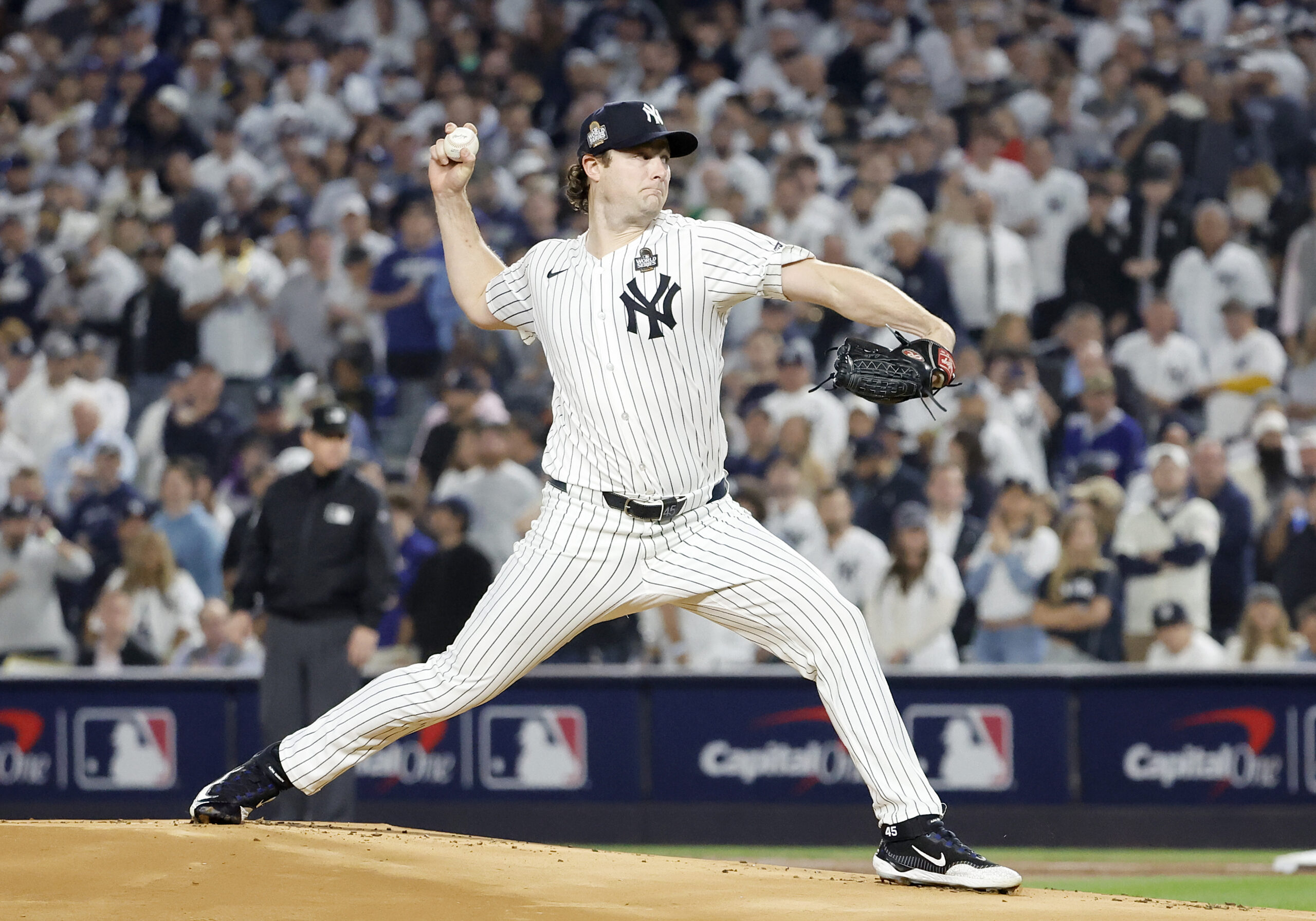 Gerrit Cole pitching for the Yankees in Game 5 of the World Series on Oct. 30, 2024.